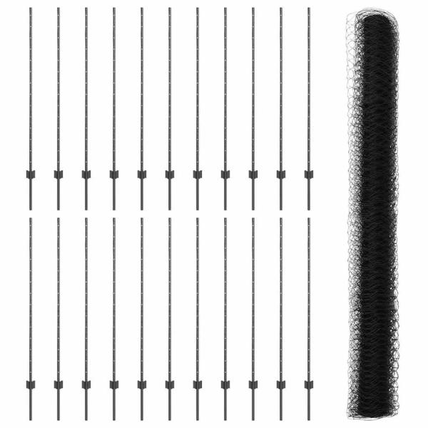 Zaunpfosten 22 Stück U-Kanal Grau 140 cm Stahl, Sechseckzaun Grau 1,4x50 m Stahl