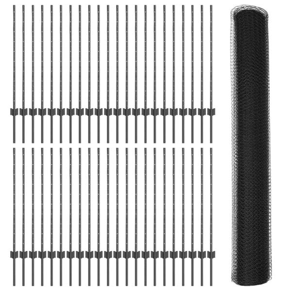 Zaunpfosten 22 Stück U-Profil Grau 100 cm Stahl, Sechseckzaun Grau 1x100 m Stahl