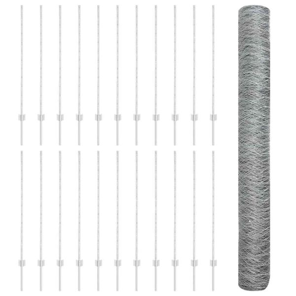 Zaunpfosten 22 Stk U-Kanal 120 cm feuerverzinkter Stahl, Sechseckzaun 1,2x50 m feuerverzinkter Stahl