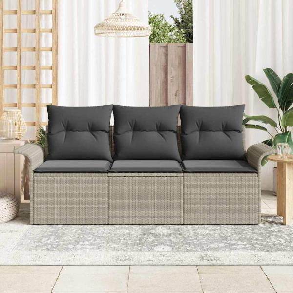 3-teiliges Garten Sofa Set mit Kissen Hellgrau Poly Rattan