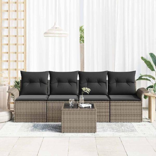 5-teiliges Garten Sofa Set mit Kissen Grau Poly Rattan