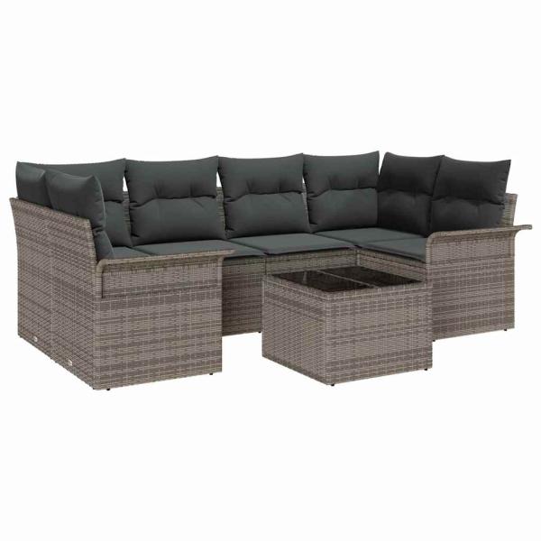 7-teiliges Garten-Sofa-Set mit Kissen Grau Poly-Rattan