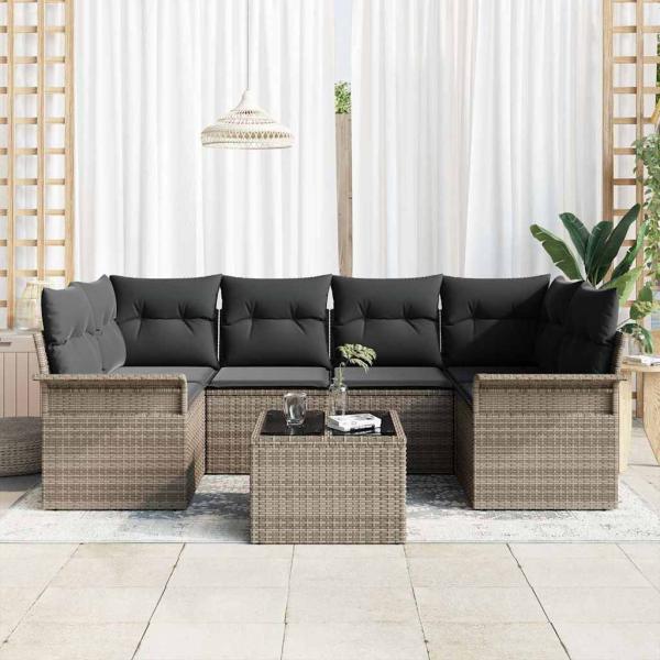 7-teiliges Garten-Sofa-Set mit Kissen Grau Poly-Rattan