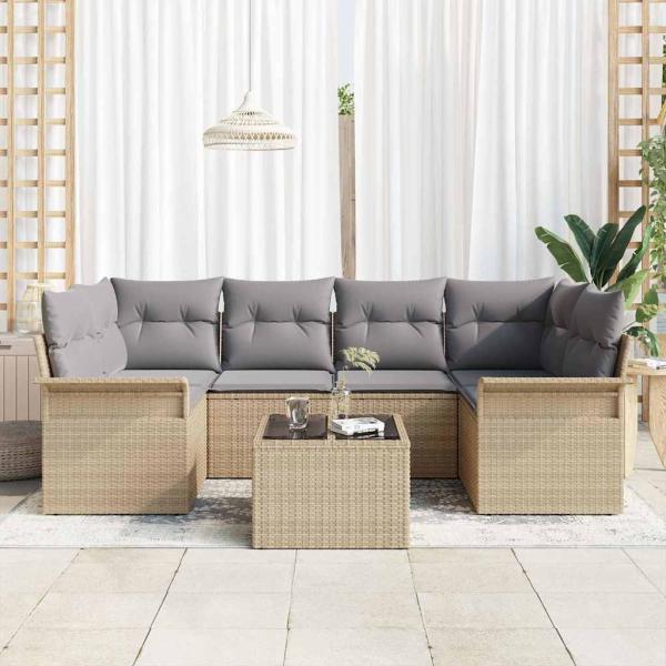 7-teiliges Garten-Sofa-Set mit Kissen Beige Poly Rattan