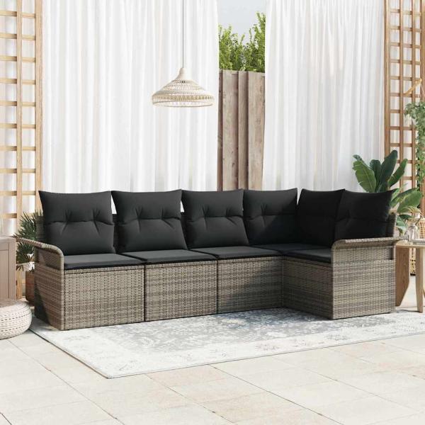 ARDEBO.de - 5-teiliges Gartensofa Set mit Kissen Grau Poly-Rattan