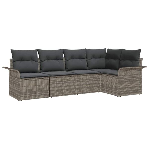 5-teiliges Gartensofa Set mit Kissen Grau Poly-Rattan