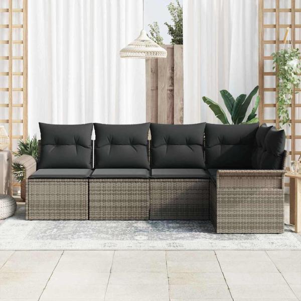 5-teiliges Gartensofa Set mit Kissen Grau Poly-Rattan