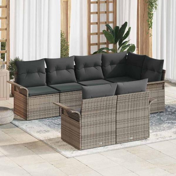 ARDEBO.de - 7-teiliges Garten-Sofa-Set mit Kissen in Grau aus Poly-Rattan