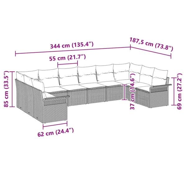 10 teiliges Garten Sofa Set mit Kissen Braunes Poly Rattan