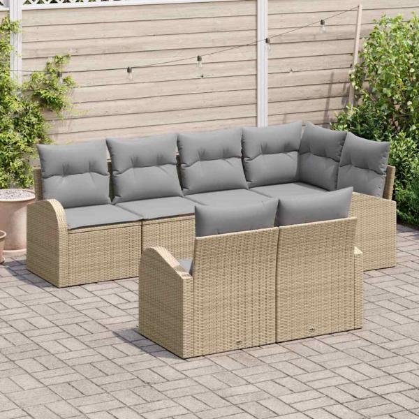 7-teiliges Garten Sofa Set mit Kissen Beige Poly Rattan