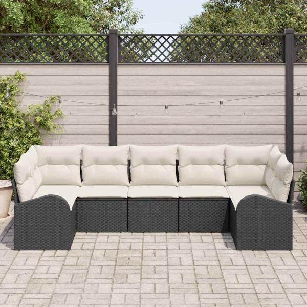 Garten Sofa Set 7-teilig Schwarzer Rahmen mit cremigen Kissen