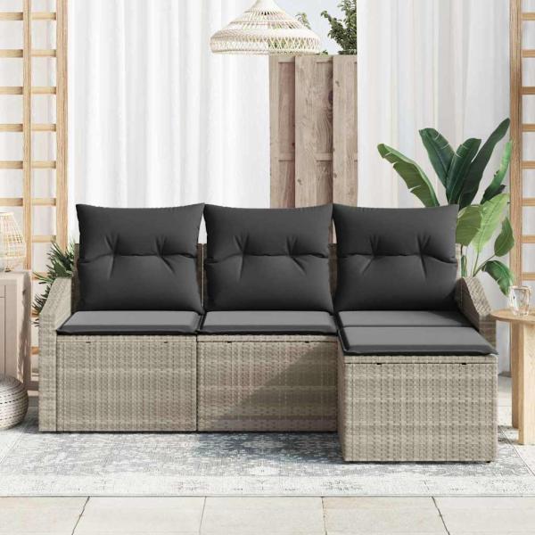 4-teiliges Garten-Sofa-Set mit Kissen in Hellgrau Poly-Rattan