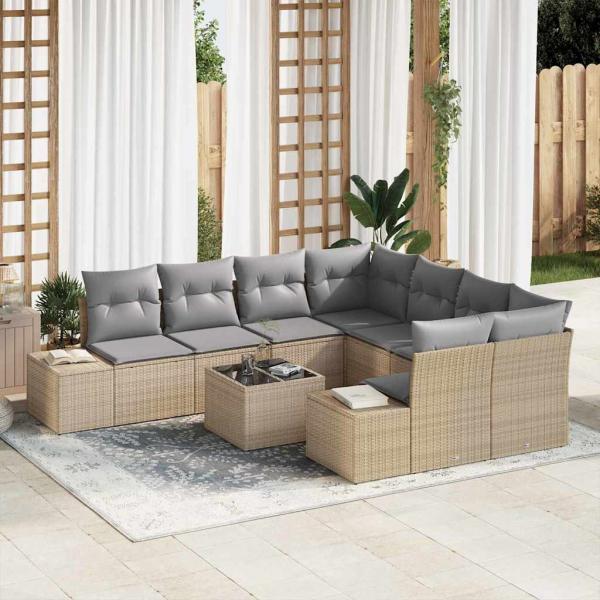 ARDEBO.de - 9-teiliges Garten-Sofa-Set mit Kissen Beige Poly Rattan
