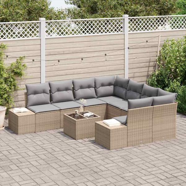 9-teiliges Garten-Sofa-Set mit Kissen Beige Poly Rattan