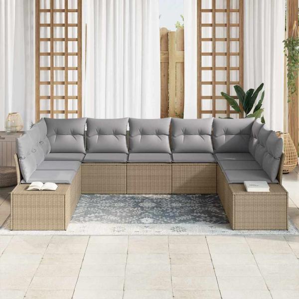 9-teiliges Garten Sofa Set mit Kissen Beige Poly Rattan