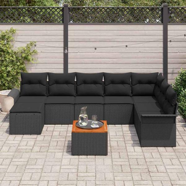 9-teilige Garten Sofa Set mit Kissen Schwarz Poly Rattan Akazie