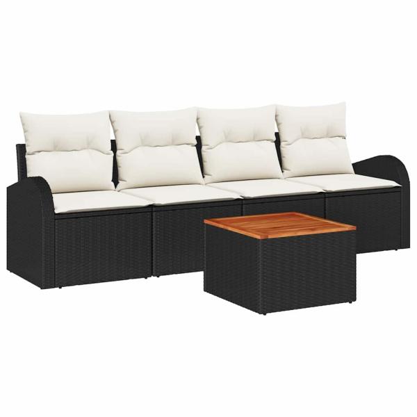 5-teilige Garten Sofa Set mit Kissen Schwarz Poly Rattan Akazie