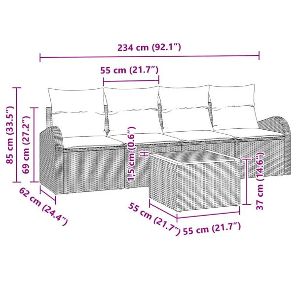 5-teilige Garten Sofa Set mit Kissen Schwarz Poly Rattan Akazie