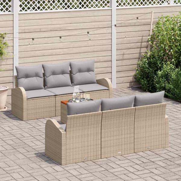 7-teiliges Garten-Sofa-Set mit Kissen Beige Poly-Rattan Akazie