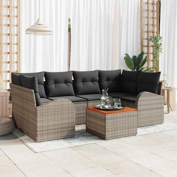 ARDEBO.de - 7-teiliges Gartensofa Set mit Kissen Grau Poly Rattan Akazie