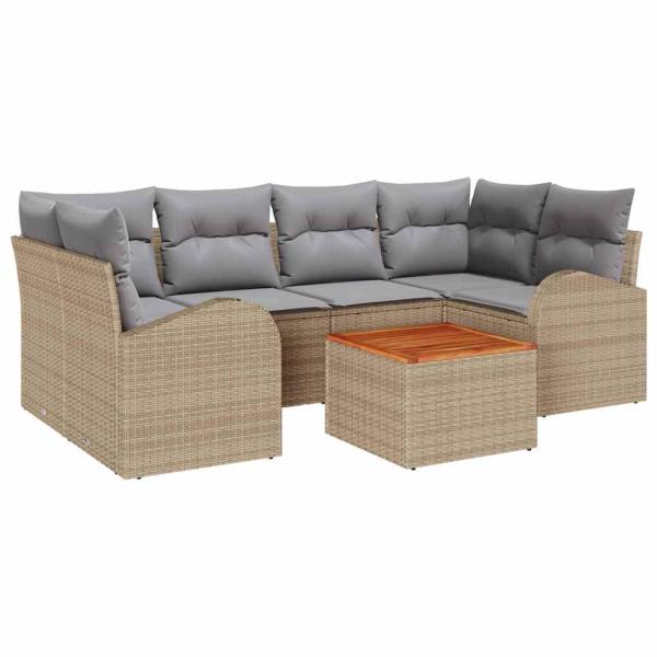 7-teiliges Garten Sofa Set mit Kissen Beige Poly Rattan Akazie