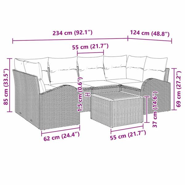 7-teiliges Garten Sofa Set mit Kissen Beige Poly Rattan Akazie
