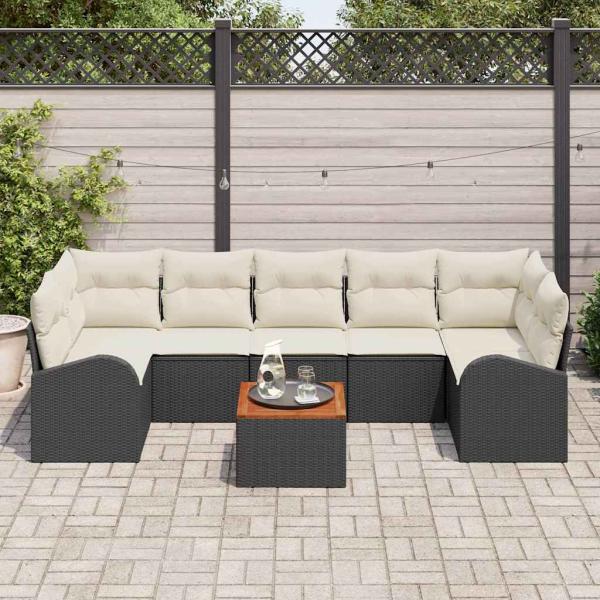8-teiliges Garten Sofa Set mit Kissen Schwarz Poly Rattan Akazie
