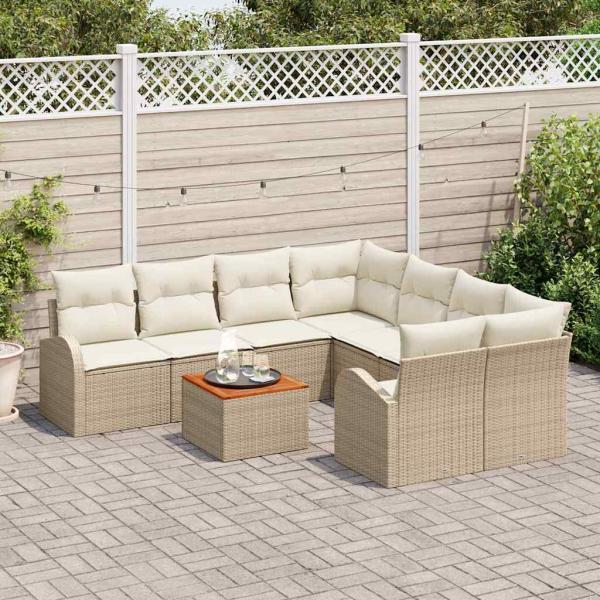 9-teiliges Garten-Sofa-Set mit Kissen Beige Poly Rattan Akazie