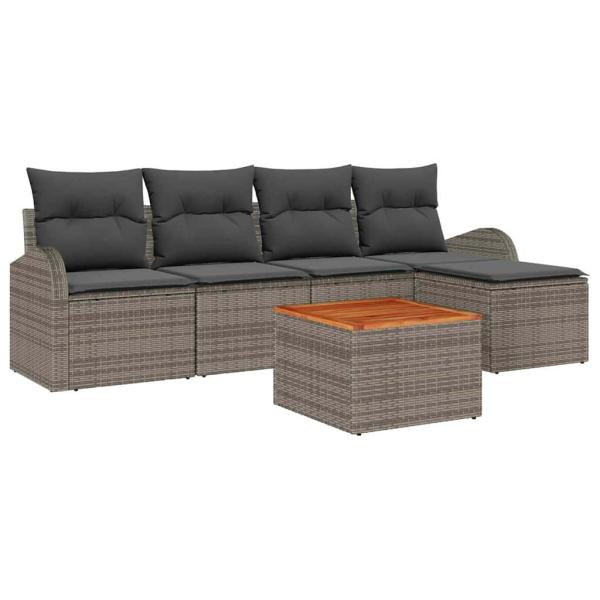 6-teiliges Garten Sofa Set mit Kissen Grau Poly Rattan Akazie