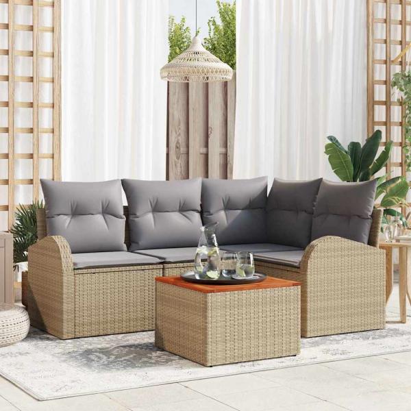 ARDEBO.de - 5-teiliges Garten Sofa Set mit Kissen in Beige Poly Rattan und Akazie