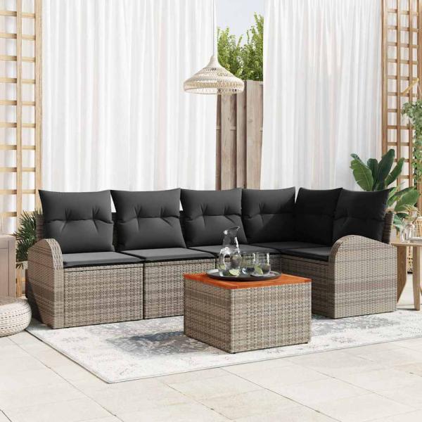 ARDEBO.de - 6-teiliges Garten Sofa Set mit Kissen Grau Poly Rattan Akazie