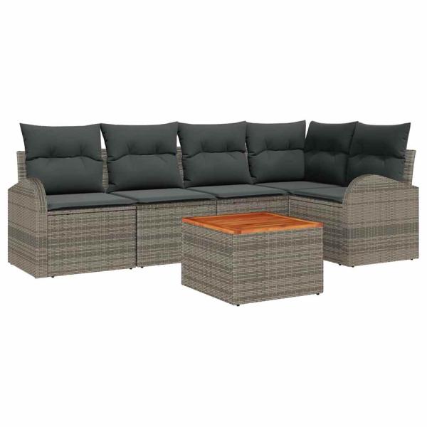 6-teiliges Garten Sofa Set mit Kissen Grau Poly Rattan Akazie
