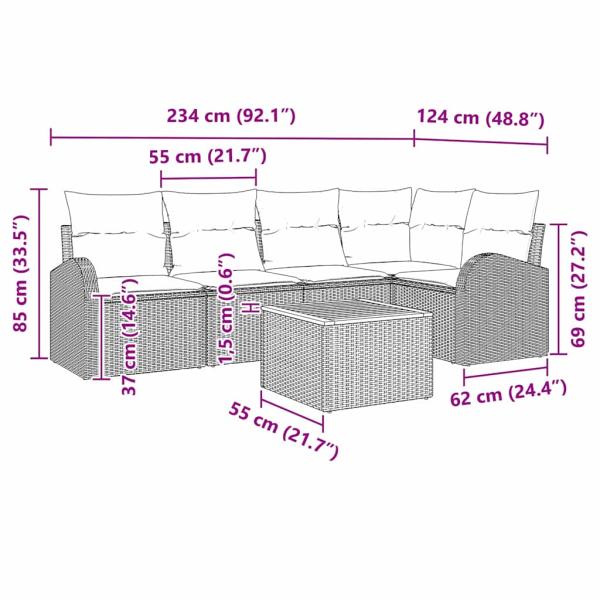 6-teiliges Garten Sofa Set mit Kissen Grau Poly Rattan Akazie