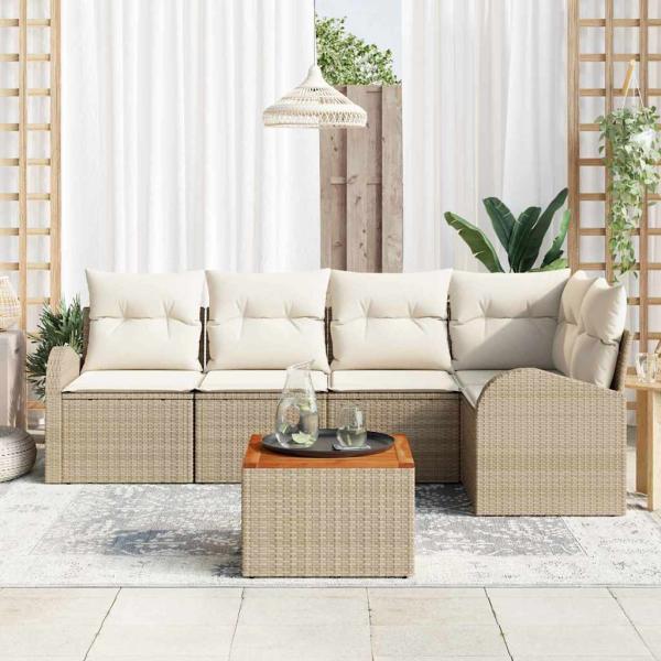 6-teiliges Garten Sofa Set mit Kissen, Beige, Poly Rattan, Akazie