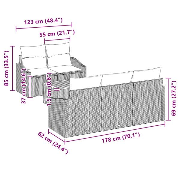 6-teiliges Garten Sofa Set mit Kissen Grau Poly Rattan Akazie