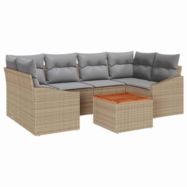 7-Teiliges Garten Sofa Set mit Kissen Beige Poly Rattan Akazie