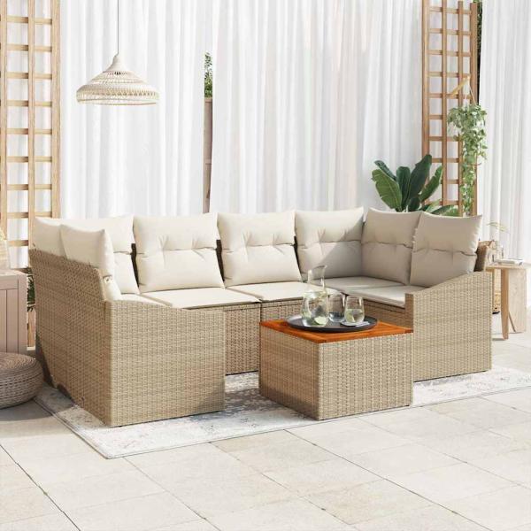ARDEBO.de - 7-teiliges Garten-Sofa Set mit Kissen Beige Poly Rattan Akazie