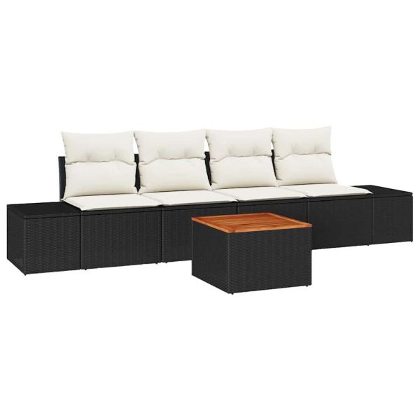 5-teiliges Garten-Sofa-Set mit Kissen Schwarz Poly Rattan Akazie