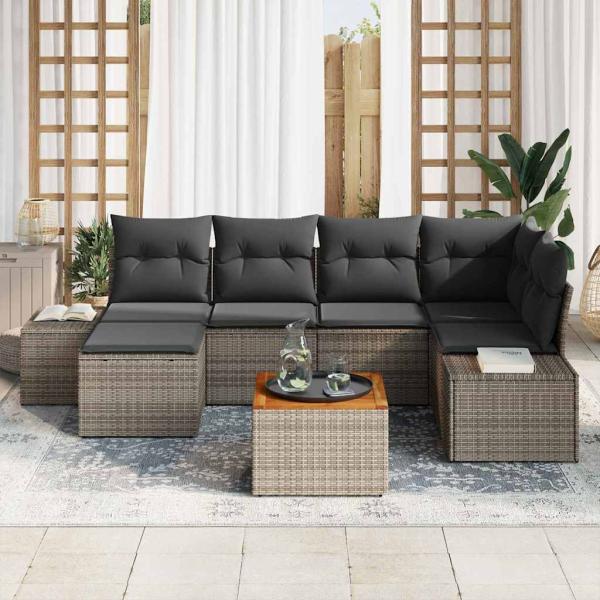 7-teiliges Garten-Sofa-Set mit Kissen Grau Poly-Rattan Akazie