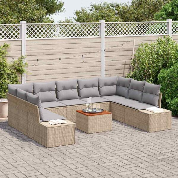 10-teiliges Garten Sofa Set mit Kissen Beige Poly Rattan Akazie