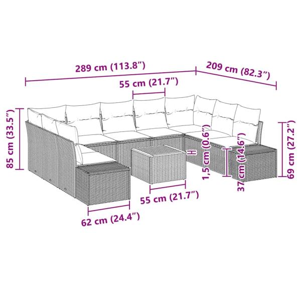 10-teiliges Garten Sofa Set mit Kissen Beige Poly Rattan Akazie