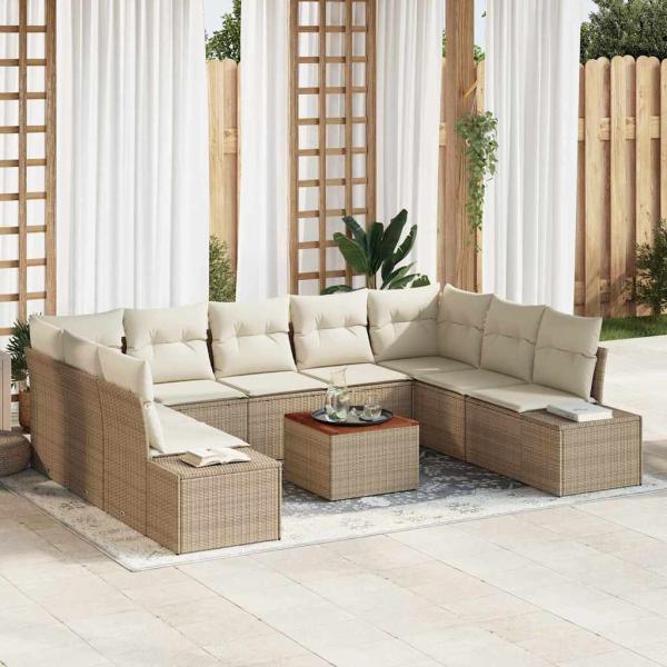ARDEBO.de - 10-teiliges Garten Sofa Set mit Kissen Beige Poly Rattan Akazie