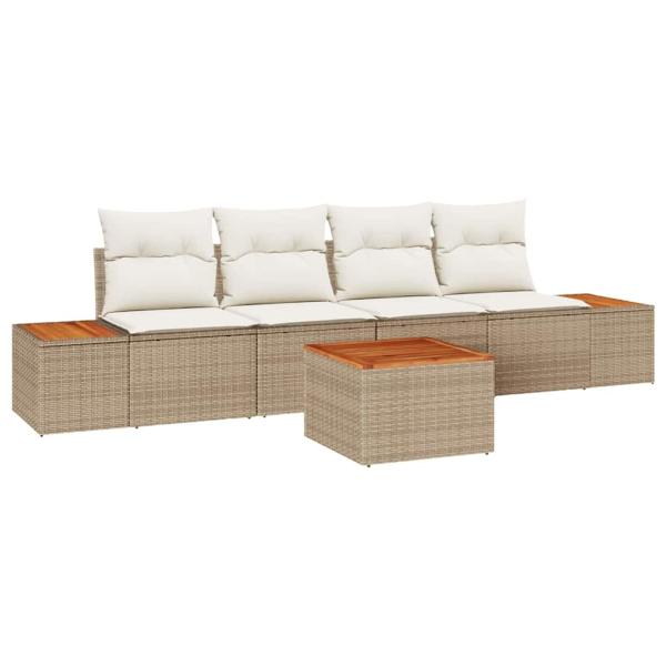 5-teiliges Garten-Sofaset mit Kissen Beige Poly-Rattan Akazie