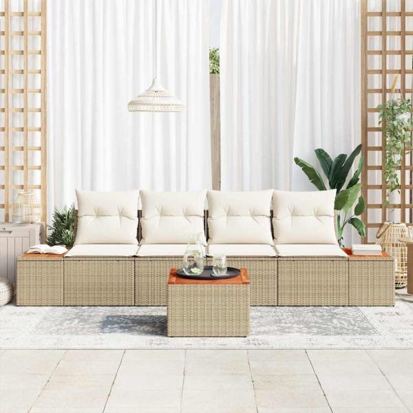 5-teiliges Garten-Sofaset mit Kissen Beige Poly-Rattan Akazie
