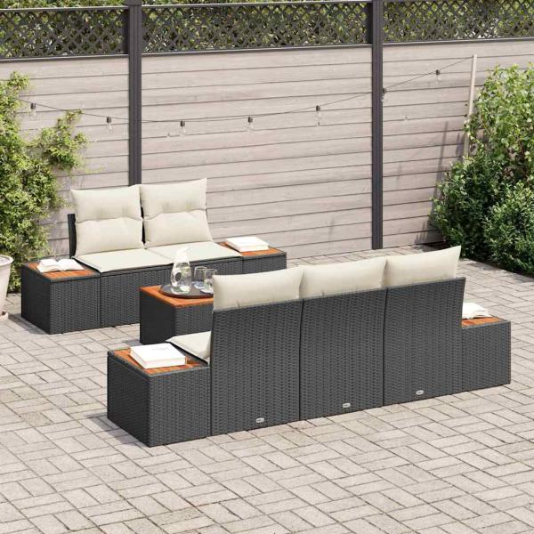 6-teiliges Garten-Sofa-Set mit Kissen Schwarz Poly-Rattan Akazie