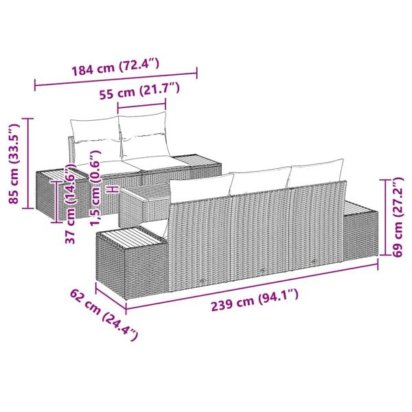 6-teiliges Garten Sofa Set mit Kissen Beige Poly Rattan Akazie