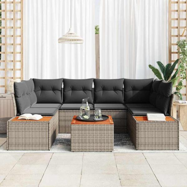 7-teiliges Garten Sofa Set mit Kissen Grau Poly Rattan