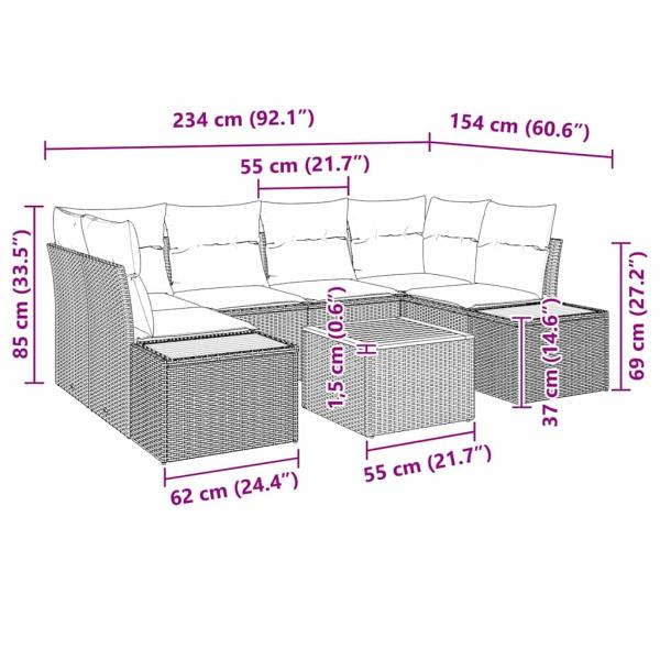 7-teiliges Garten Sofa Set mit Kissen Grau Poly Rattan