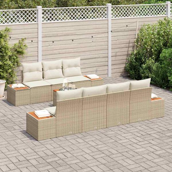 8 Teiliges Garten Sofa Set mit Kissen Beige Poly Rattan Akazie