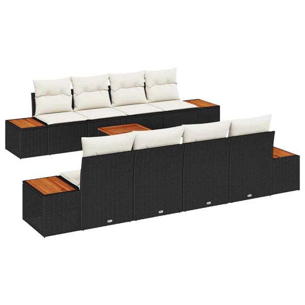 9-teiliges Garten Sofa Set mit Kissen Schwarz Poly Rattan Akazie